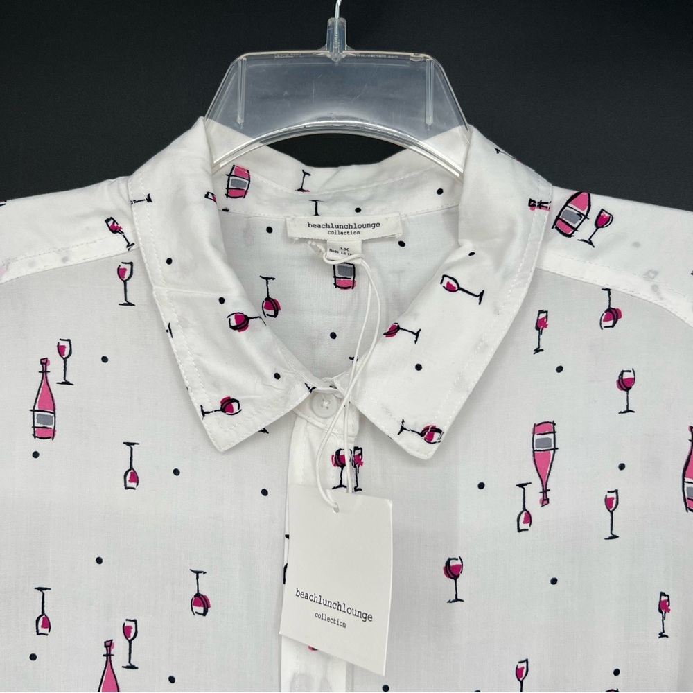 Beach Lunch Lounge Womens Top Wine Theme Print Long Roll Tab Sleeve Button Up - Picture 3 of 14